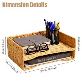 PINXIURY 2-Tier Water Hyacinth Letter Tray – Woven Paper & Mail Organizer for A4 Files, Magazines, Office Documents Desktop File Basket for Home Office Supplies