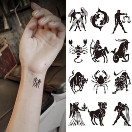 Oottati Small Cute Temporary Tattoo Sticker Set of 2 - Black Zodiac Signs Totem Leo Sagittarius Virgo Scorpio Taurus Designs for Hand Neck Face Wrist Finger, Waterproof Fake Body Art, Simple