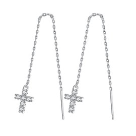 925 Sterling Silver Christian Cross Threader Drop Dangle Earrings with Clear Cubic Zirconia Accents Religion Jewellery Gift for Women, Sterling Silver, Cubic Zirconia