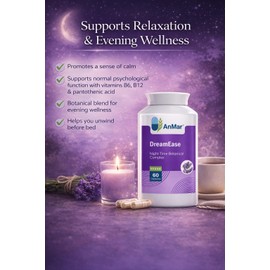 AnMar® DreamEase Night Time Herbal Complex – Ashwagandha KSM-66, Tart Cherry, Passion Flower, Chamomile & Lemon Balm – With Magnesium, Vitamin B6 & L-Theanine – Vegan Sleep Support Capsules – 60 Capsu