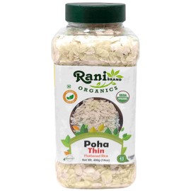 Rani Organic Poha (Powa) Thin Cut (Flattened Rice) 14oz (400g) PET Jar ~ All Natural, Salt-Free | Vegan | Kosher | No Colors | Gluten Friendly | Indian Origin | USDA Certified Organic