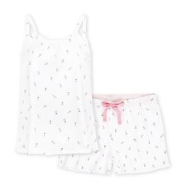 Little Label - Women's Summer Pyjamas - Shortama - Summer Pyjamas Women's Short Sizes XS to XL - Organic Cotton GOTS, White floral pattern