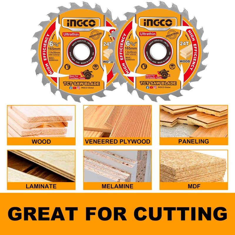 INGCO 2-Pack 165mm Ultra-thin TCT Saw Blade Set 24T, 20mm