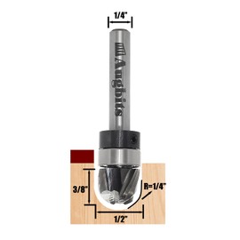 Augbits Core Box Router Bit 1/4" Shank, 1/4" Radius, 1/2" Cutting Diameter, 3/8" Cutting Length,3-Flute Solid Carbide Router Bit, Round Nose Bit with Bearing for Wood Carving