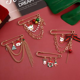 4 Pcs Christmas Brooch Pins Set for Women Men Christmas Tree Wreath Snowman Reindeer Christmas Ornament Jewelry Pins Gift Cute Holiday Xmas Lapel Brooch Pins