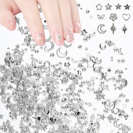 WOKOTO 500Pcs Silver Star Nail Charms for Nails Art 3D Silver Star Charms for Nails Metallic Studs Rhinestones Star Nail Jewelry Decorations Nails Art Accessories for Women Girls Acrylic Nails
