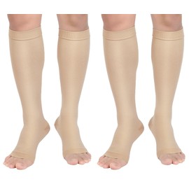 Compression Socks, 2 Pairs, 20-30 mmHg Graduated Knee-Hi Compression Stockings for Unisex, Open Toe, Opaque, Support Hose for DVT, Pregnancy, Varicose Veins, Relief Shin Splints, Beige XXL