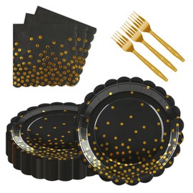HFBOBP 90PCS Black and Gold Plates and Napkins Party Supplies Decorations, 7Inch Scalloped Black Paper Plates and Napkins Set Disposable Party Dinnerware for Birthday Wedding,Graduation