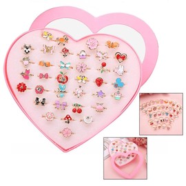 LHKJ 36 Pieces Little Girls Adjustable Rings for Kids Girls with Heart Box Lovely Presentation for a Little Girl Gift (Pink), Metal
