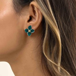 Cimenexe Bohemian Enamel Flower Earrings Green Enamel Flower Stud Earrings Enamel Flower Leaf Earrings Small Green Flower Earrings Jewellery for Women and Girls Gifts, Zinc, No Gemstone