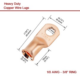 1/0 AWG 3/8" Stud (25 pcs.), Heavy Duty Battery Ring Terminal, 0 Gauge Connectors, Copper Wire Lugs, Ring Terminals, Battery Cable Ends, Bare Eyelets, Tubular Ring Terminal Connectors