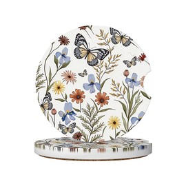 ABLESKY Car Coasters for Cup Holders, 2 Pack Absorbent Anti Slip Car Cup Holder Coasters, 2.56 Inch Ceramic Universal Size Auto Interior Accessories Women Men-Butterfly Floral Irises Wildflowers