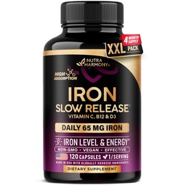 Iron Supplement for Women - Iron 65mg (Ferrous Sulfate 325mg) - Stomach Friendly | Slow Release Iron | High Absorption - Vitamins C, D3, B6, B12 & Folate - Iron Level & Energy Support - 120 Capsules