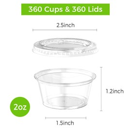 Dealusy 360 Set 2 oz Jello Shot Cups with Lids, Sturdy & Food Safe Disposable Plastic Portion Condiment Dipping Sauce Cups, Small Containers for Salad Dressing