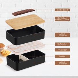 Chuboir Bento Lunch Box, 1200ml Japanese Style Lunchbox with Compartments and Cutlery Set, 2 Tiers Lunch Container with Bamboo Lid for Children Adult Work School, Microwaveable Safe, Black