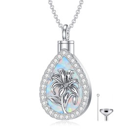 PELOVNY Lily Opal Urn Necklace for Ashes 925 Sterling Silver May Birth Flower Teardrop Cremation Necklace for Ashes of Loved One Keepsake Memorial Jewelry for Women