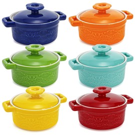 Hacaroa Set of 6 Mini Cocotte with Lid, 8 Oz Ceramic Ramekins with Handles, Small Casserole Dishes Individual Serving Pot for Baking, Soufflé, Soup, Cobbler, Oven Safe, 6 Colors