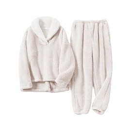 Peaceglad Mens Fluffy Coral Fleece Pajamas Set Pullover Pants Loose Plush Warm Loungewear Sleepwear (Beige,L)