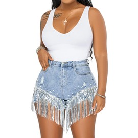 CYLADY Women High Waisted Denim Shorts Ripped Jeans Frayed Raw Hem Tassels Jean Shorts, Medium, Blue