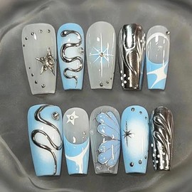 30Pcs Handmade Press on Nails Medium Square Fake Nails Silver Snake Star False Nails with Rhinestones Glitter Design Y2k Glue on Nails Reusable Acrylic Nails Blue French Tip Press on for Women Decor