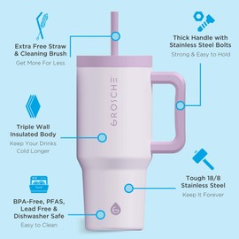 GROSCHE Aspen 32 oz Tumbler with Handle and Straw. Extreme Insulation, Classy Design, Built to Last Insulated Stainless Steel Tumbler with Handle, Lid and Straw - Lavender