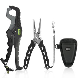 Booms Fishing F07S Fishing Pliers and Fish Lip Gripper Combo, Hook Remover Split Ring Pliers Stainless Steel, Saltwater Fishing Tools with Lanyard and Sheath, Fishing Gift for Men