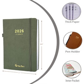 2026 Daily Planner/Calendar, One Page Per Day, Daily Monthly Agenda Planner with Time Slots and Monthly Tabs, Jan - Dec 2026, 5.7" x 8.25" Appointment Book, Pen Holder, Leather Cover (2026-Green)