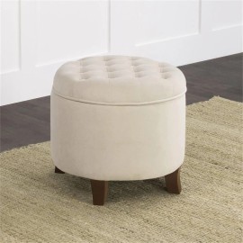 Pemberly Row Round Transitional Wood and Velvet Storage Ottoman in Cream