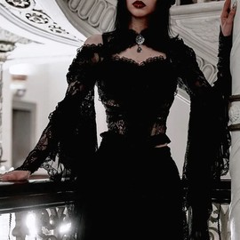 L'VOW Lace Bolero Shrug Gothic Flared Arm Sleeves Crop Top Open Front Victorian Lace Sleeves Witch Cosplay(Black,L)
