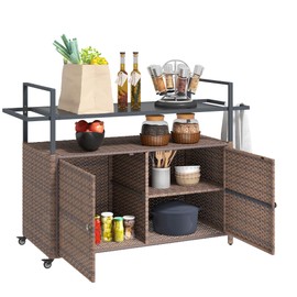 Outsunny PE Rattan Outdoor Bar Table, Outdoor Kitchen Island with 2-Tier Shelf & Cabinet, Patio Serving Cart with Glass Top, Handles, Towel Racks for Poolside, Garden, Mixed Brown