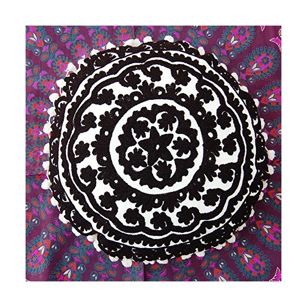 Traditional Jaipur Boho Throw Round Suzani Cushion, Embroidered Cushion Covers,