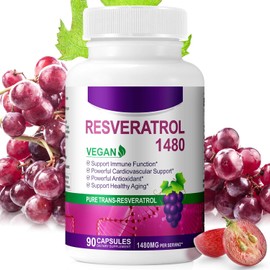 Resveratrol Supplement 1480mg, 90 Capsules High-Potency Trans-Resveratrol Supplement for Heart, Skin, and Anti-Aging Antioxidant