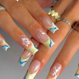 DANMANR Coffin Press on Nails Long False French Nails Full Cover Flower Acrylic Fake Green Swirl Nails for Women and Girls 24PCS