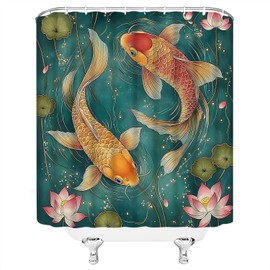 Koi Fish Shower Curtain Pink Lotus Flowers Japanese Carp Pond Oriental Traditional Watercolor Ink Painting Fabric Bathroom Decor Curtain with Hooks 70" Wx70 H