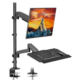 PUTORSEN Sit Stand Monitor Desk Mount for 17-32 inch Screens, Height Adjustable Full-Motion Articulating Arm with Keyboard Tray,19.8 lbs Monitor & 2.2lbs Tray Capacity, C-Clamp & Grommet Mount,Black
