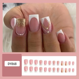 Press on Nails Square Medium Length 24Pcs Glossy Full Cover Artificial French Tips Fake Nails with Gold Glitter Designs Reusable Coffin Acrylic False Nails Glue on Fingernails with Charm for Women