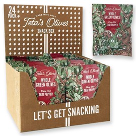 Teta's Double Marinated Green Olive Snacks | Thai Pepper | Fresh Single Serve Snack Packs, On-The-Go Gourmet Spicy Olives, All Natural Healthy Snacks - 1.6oz (24 Individual Packs)