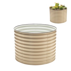 Epic Gardening Galvanized Metal Raised Garden Bed For Vegetables & Herbs - 100% Food-Safe Planter Boxes Outdoor I Outdoor Plantation | Stainless Steel Raised Garden Bed Kit - Round & Tall - Light Clay