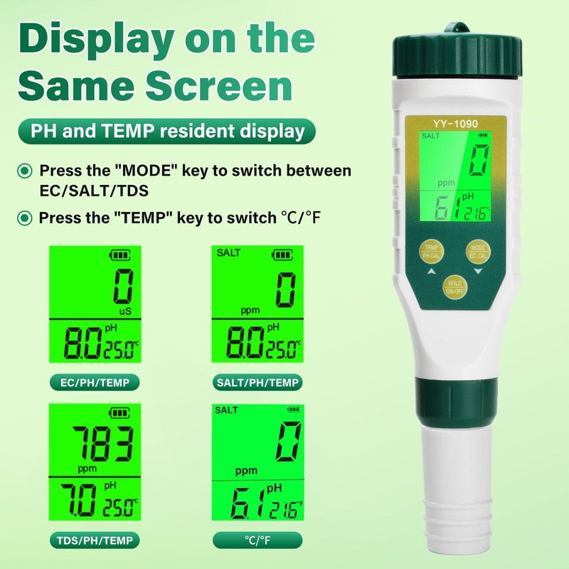PH Meter Water, Aideepen PH/EC/TDS/Salinity/Thermometer 5-in-1 pH Value Meter with