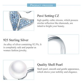 FOREVER QUEEN Mermaid Tail Ring, S925 Sterling Silver Dolphin Tail Adjustable Finger Ring for Women Open Ring with Blue Cubic Zirconia& Shell Pearl Valentine's Day Gift