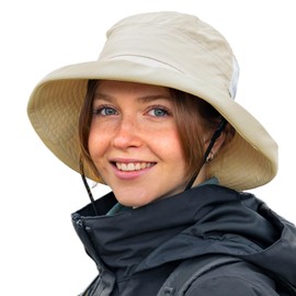 TOP-EX Women's Sun Hat with Ponytail, UPF 50 Wide Brim Fishing Hat for UV Protection, Waterproof Rain Hat, Bucket Hat with Chin Strap, Breathable Summer Mesh, Foldable, Outdoor Safari, khaki, L