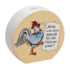 Money box with rooster motif in blue on the theme of tip and funny saying, beautiful money box as a gift for piggy foxes who like chickens and have a bunch of chickens on the farm