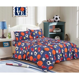 Chezmoi Collection 4-Piece Kids/Teens Sports Balls Sheet Set - Soft Microfiber Navy Blue Gray Orange White Printed Football Soccer Basketball Baseball Tennis Fun Kids Sheets, Full Size