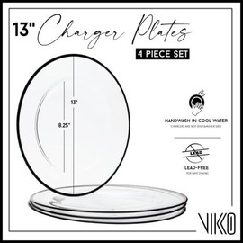 Vikko Glass Charger, 13 Inch Hammered Clear Glass Dinner Plate Charger with Black Rim, Set of 4 Elegant Place Setting Chargers
