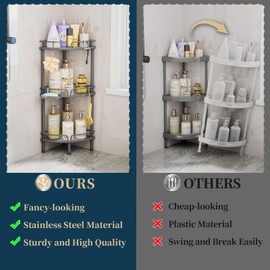 Consumest Corner Shower Caddy Stand - 3 Tier Shower Organizer with Soap Holder, Tall Floor Corner Shelf Standing with Adjustable Feet & 4 Hooks, Storage Rack for Bathroom Grey