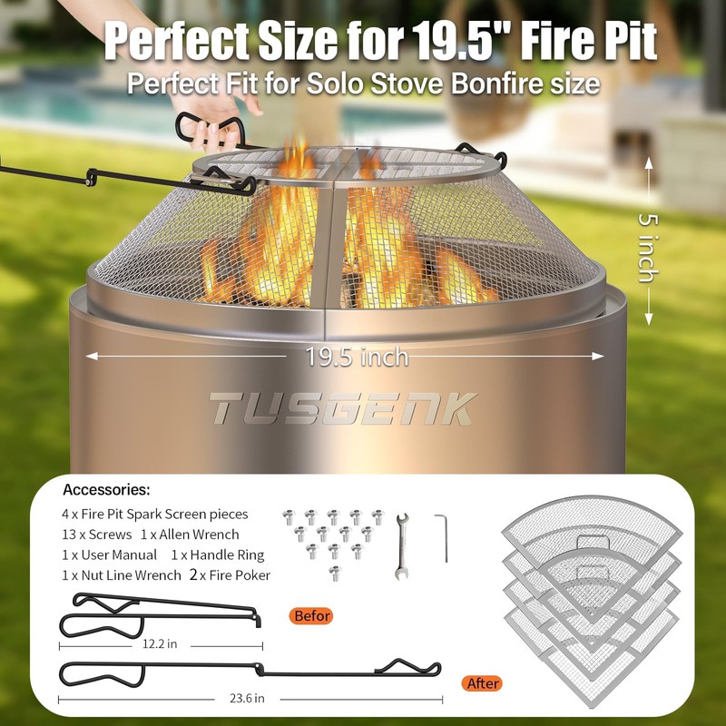 TUSGENK Fire Pit Screen for Solo Stove Bonfire, 19.5inch Fire