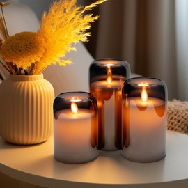 WYZworks LED Mirrored Glass Round Hurricane Pillar Flameless Candles, Real Wax Moving Wick Dancing Flickering Flame, Battery Operated (Included), Remote & Timer (Set of 3, Silver Gray Metallic)