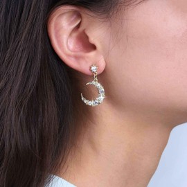 Yheakne Vintage Crystal Moon Star Earrings Rhinestone Moon Dangle Earrings Gold CZ Crescent Moon Earrings Celestial Moon Star Drop Earrings Jewellery For Women, Zinc