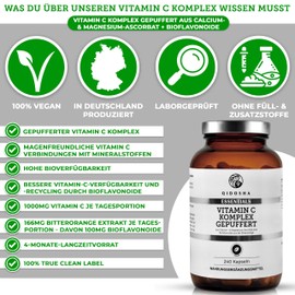 QIDOSHA® Vitamin C Komplex gepuffert plus Bioflavonoide, 240 Kapseln im Apothekerglas, Vitamin C 1000mg, Vitamin C hochdosiert, Vitamin C gepuffert mit Bioflavonoiden aus der Biotterorange, vegan