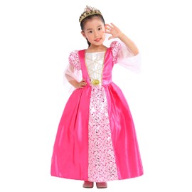 SPUNICOS Toddlers Girls Pink Medieval Princess Costume Ankle Length Dress with Tiara 5-6years